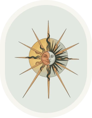 Sun and moon with radiating rays.